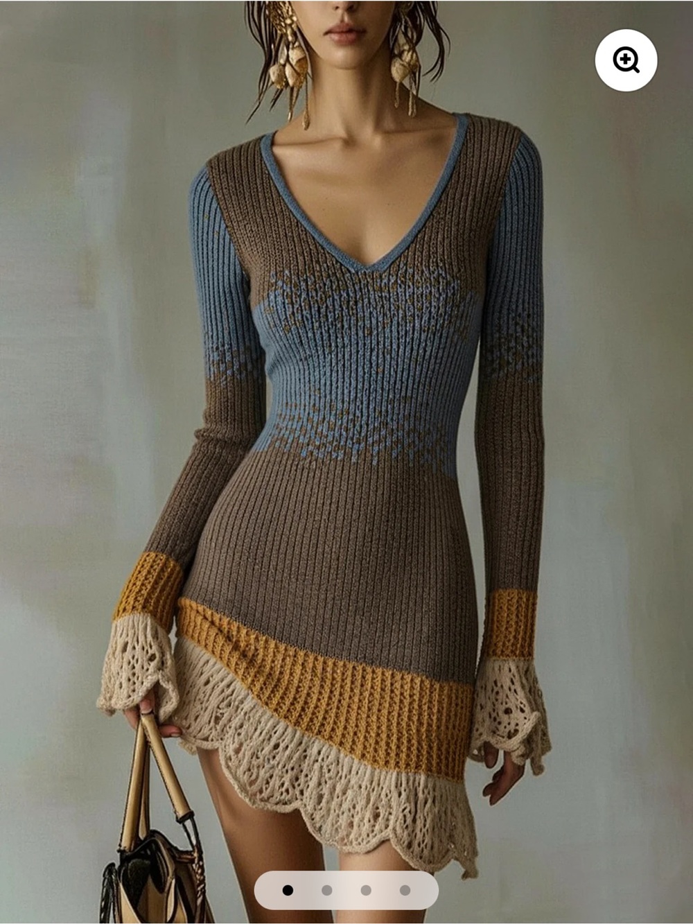 Colorblock Ribbed V-Neck Long Sleeve Dress in Blue, Brown & Tan